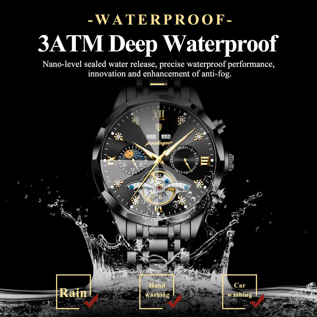 POEDAGAR Top Luxury Men's Watches Original Mechanical Stainless Steel Men Clock Waterproof Hollow Tourbillon Automatic Man Watch